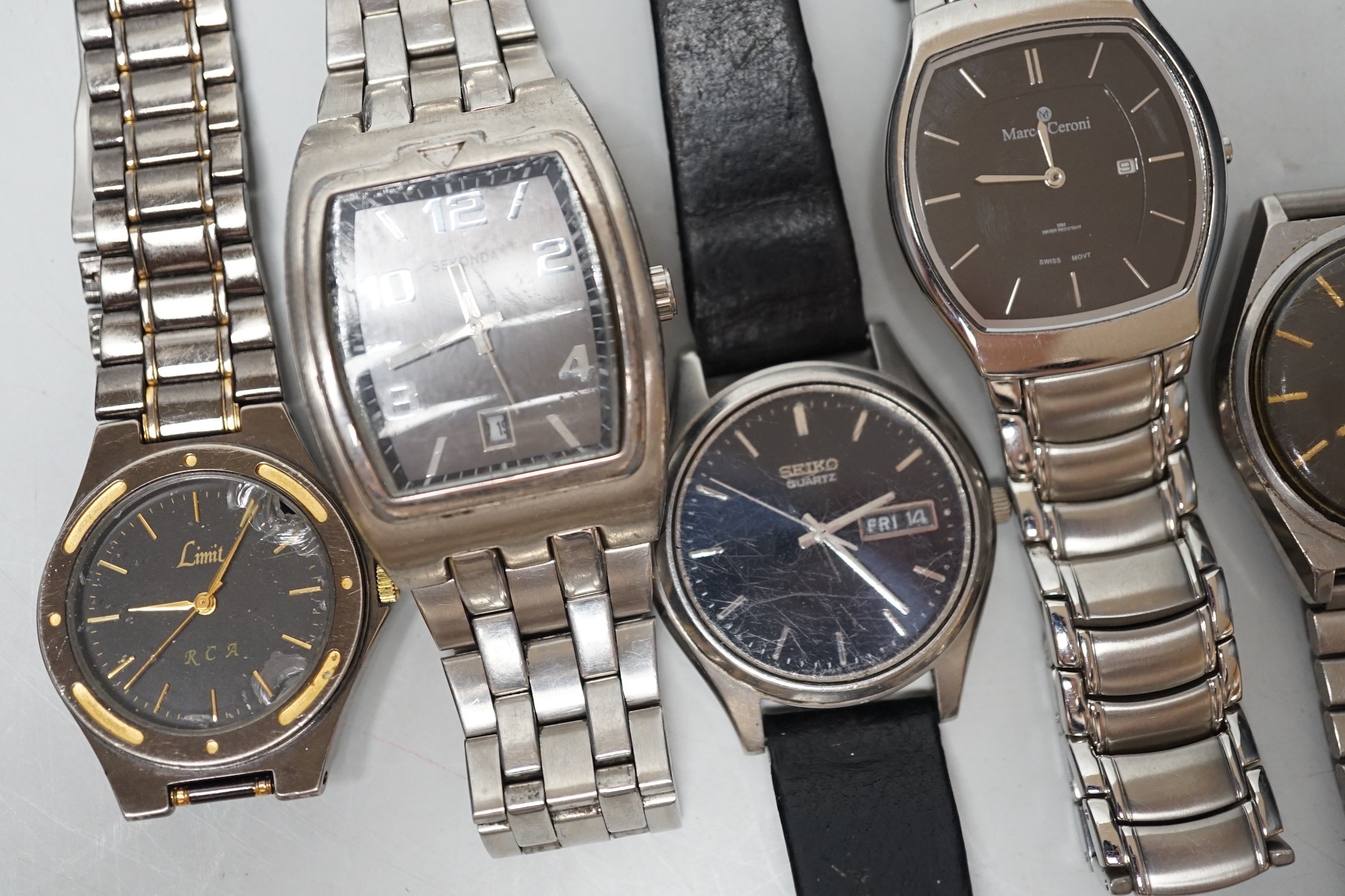 Five assorted modern gentleman's steel wrist watches, including Seiko, Sekonda and Limit.